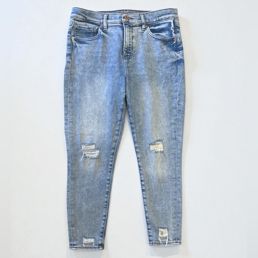 EXPRESS light wash distressed raw hem cropped ankle skinny jeans size 10R